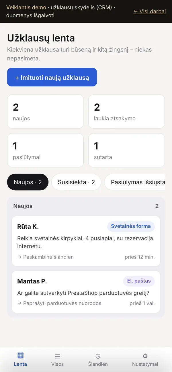 Užklausų skydelis (CRM) – telefone