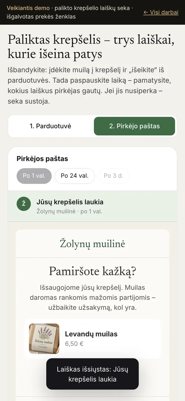 Palikto krepšelio laiškų seka – gyvas pavyzdys – telefone
