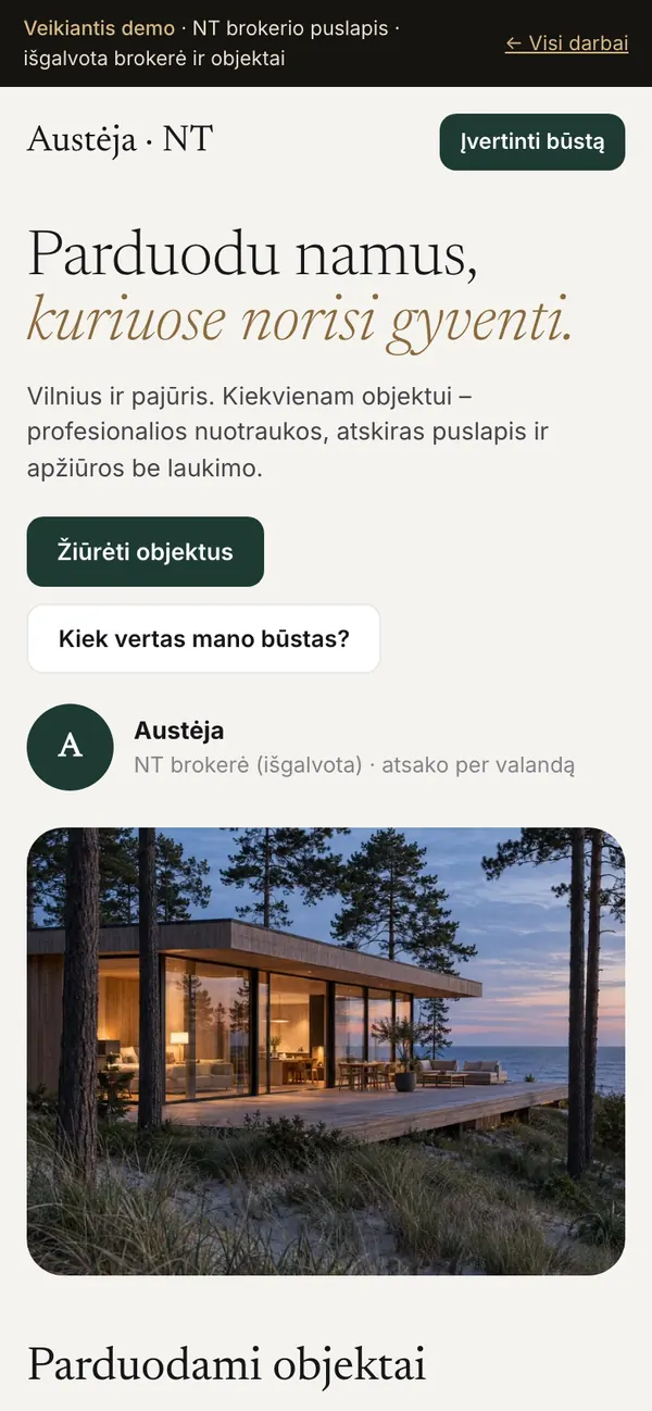 NT brokerės puslapis – telefone