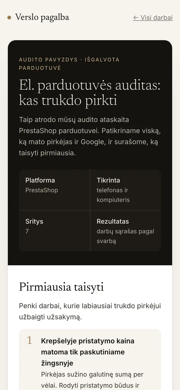 El. parduotuvės auditas (PrestaShop) – ekranas telefone